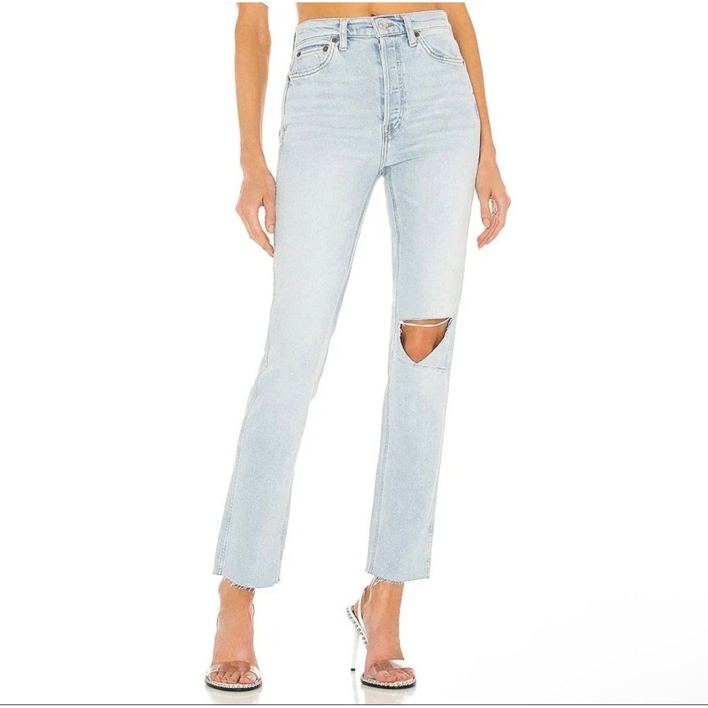 RE/DONE |‎ 80s Slim Straight Jeans 27/4 Icy Blue Distress High Rise Blowout Knee